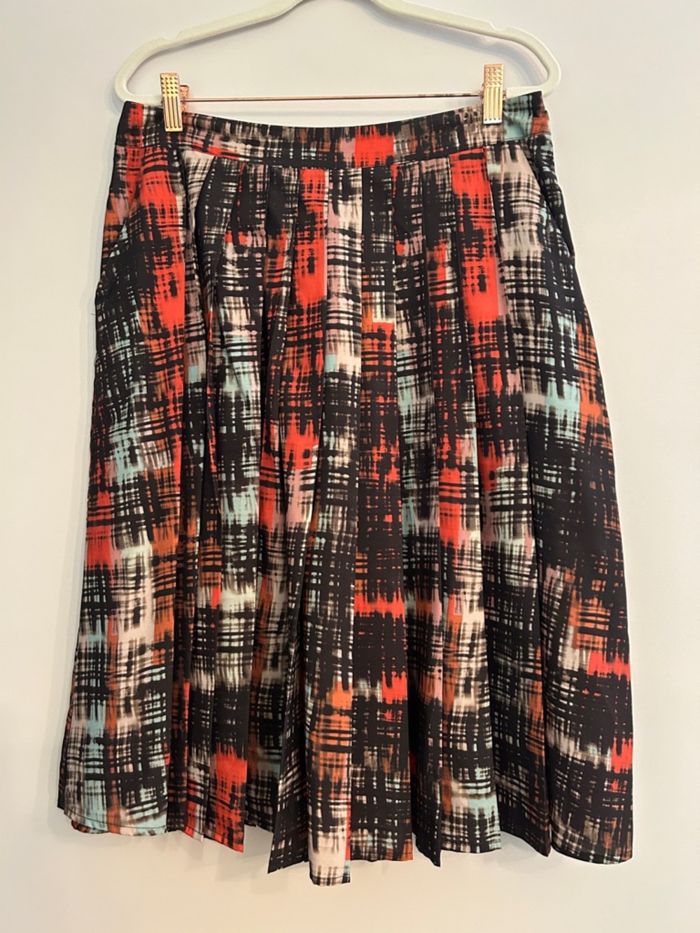 Anthropologie Midi Pleated Skirt in Black, Red and Aqua